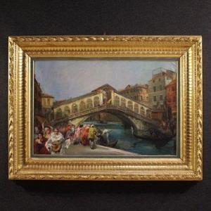 Grande dipinto del XX secolo firmato C. Mannucci, Carnevale sul Ponte di Rialto
