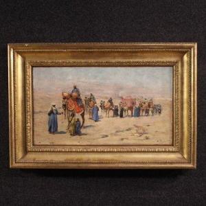 Quadro orientalista firmato A. Rossi e datato 1893, carovana nel deserto