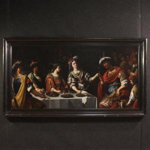 Grande dipinto italiano del XVII secolo, il banchetto tra Marco Antonio e Cleopatra  