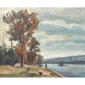 Feuillatte Raymond (1901-1971), The Seine At Saint-cloud, Oil On Canvas / Paris Landscape Saint Cloud
