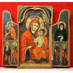 Large Triptych Of The Mother Of God, Greece 18th Century / Orthodox Icon Virgin Mary