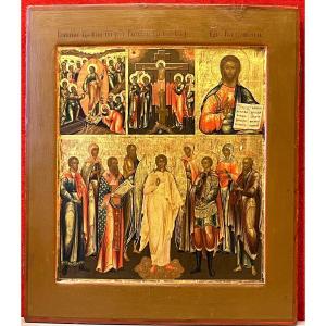 Large Icon Of The Life Of Christ, Moscow Circa 1820 / Jesus / Resurrection / Crucifixion