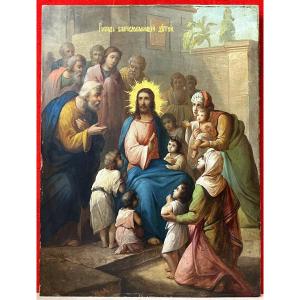 Large Icon Of Christ Blessing The Children, Signed And Dated 1894, Saint Petersburg Russia