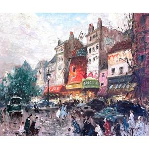 Paris, The Moulin Rouge And Pigalle, Oil On Canvas, Signed Merio Ameglio (1897-1970)