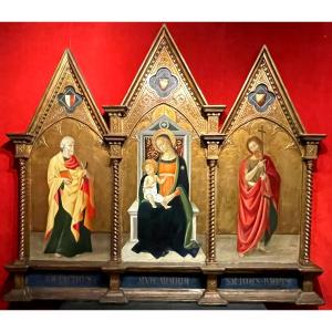 Monumental Altarpiece Mary And Christ, Italy Florence 18th, Quattrocento Angelico Triptych Icon