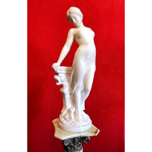 Emilio Fiaschi (1858-1941): Naked Beauty, Large Alabaster Sculpture