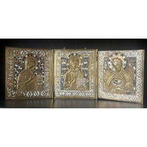 Large Icon Triptych Of Christ, Mary And St John, Enameled Bronze, 18th C. Russia Old Believers