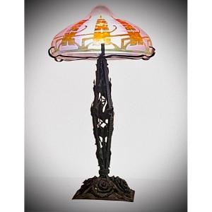 French Glass Lamp With Clematis Decor 