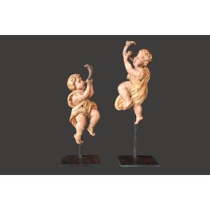Pair Of Carved Wooden Angels From The 17th Century