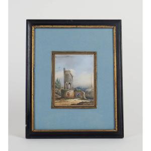 Small Gouache "ruin Landscape" By L J Pingray