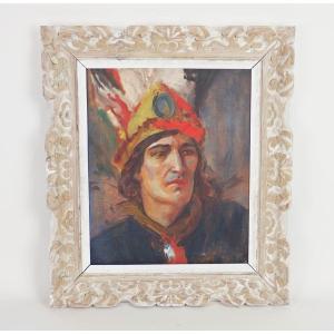 "american Indian" Oil On Canvas 20th Century