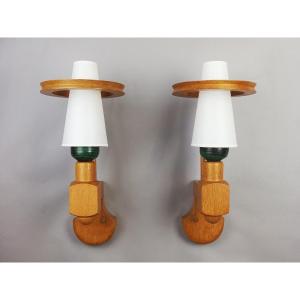 Pair Of Oak Sconces By Guillerme Et Chambron