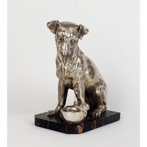 "the Intruder "a Bronze Jack Russel Dog And A Snail On A Bowl By F Coffin