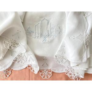 Hand Embroidered Sheet With Crochet Flowers And Mcr Monogram On Old Linen Linen Yarn Canvas