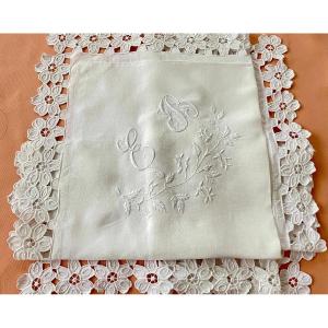 Pillowcase With Richelieu Embroidery And Eb Monogram On Fine Linen Canvas