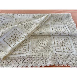 Handmade Tablecloth With Embroidered Squares On Fine Linen And Crochet Lace Squares - Antique Linen