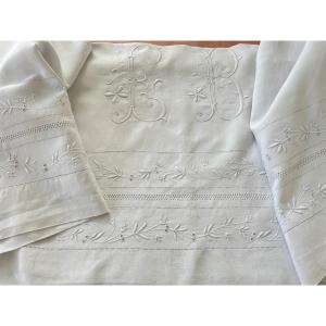 Eb Sheet Hand Embroidery On Linen Thread, Fine Garlands And Openwork - Antique Linen