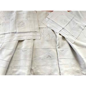 Beautiful Hand-embroidered Bed Set: 1 Large Sheet, 2 Cm Monogrammed Pillowcases, Fine Linen - Linge Ancien