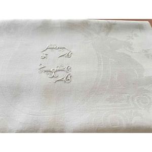 Cf Tablecloth In Fine White Linen Damask, Animal And Hunting Motifs - Antique Linen