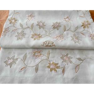 White Linen Tablecloth With Embroidered Pastel Flowers - Antique Linen