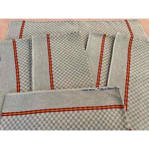 Set Of Six Tea Towels: Blue Flower, Patterns On Beige Cotton Linen - Antique Linen