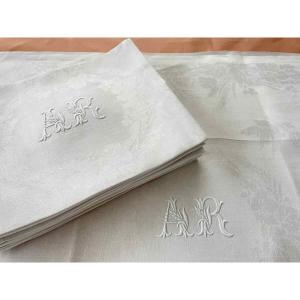 Large Damask Table Napkins In Fine Linen: Ears Of Wheat, Birds And Monogram Ar - Antique Linen