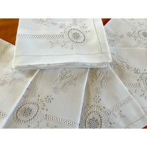 Ten Embroidery Towels With Needle Inlays, Day Work On Fine Linen- Antique Linen