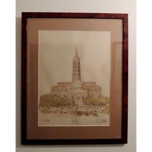 Dessin , Basilique De Saint Sernin à Toulouse Par l'Artiste Peintre Jean Bellis ,  20 ème