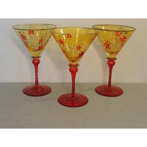 Blown Glasses, 3 Murano Glasses, Italy Glassware In Venice, 20th Century