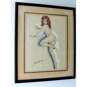 Elegant Nude, Watercolor Drawing By René Bresson, Bordeaux Painter Born 1900, Illustrator...