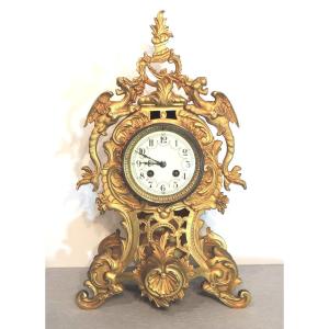 Mantel Clock In Gilt Bronze, Trim, Pendulum, Cartel Louis XV Rocaille Style 19th
