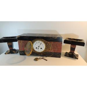 Mantelpiece Set, Pendulum, Mantelpiece Set, Veined Marble, Art Deco, 20th Century