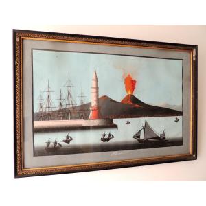 Italian Gouache, Neapolitan Painting, Lava Eruption Of Vesuvius In May 1858, 19th
