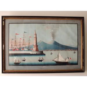 Italian Gouache, Neapolitan Painting, Ash Eruption Of Vesuvius In May 1858, 19th