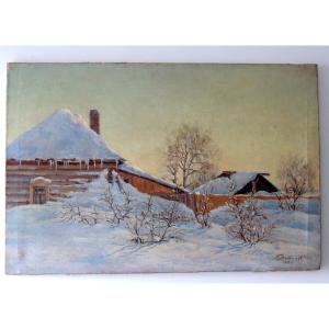 Snow Landscape Painting, Oil On Canvas Signed 1955, House Under The Snow, 20th