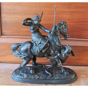Sculpture, Statue Of A Mongolian Horsewoman Attacked By A Lioness, 19th