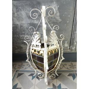 Wrought Iron And Stained Glass Lantern, Chandelier Or Suspension For Entrance, Napoleon III, 19th