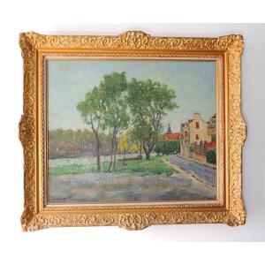 Oil On Canvas, Painting By Emile Crépin Born In 1900, Autumn On The Banks Of The Oise 1975, 20th