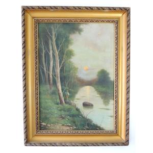 Oil On Canvas, Painting By Georges Mita 1871 - 1904, Fisherman On The Banks Of A River, 19th