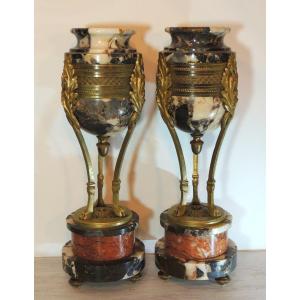 Pair Of Casolettes, In Veined Marble And Gilt Bronze, Tripod Base, Napoleon III, 19th