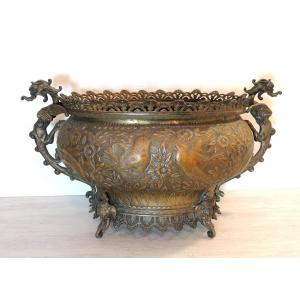 Planter, Asian Cache Pot In Copper And Bronze, Decor Of Birds And Flowers, 19th 