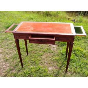 Louis XVI Flat Desk In Mahogany, Tapered Legs With One Drawer And Two Side Pulls 19th