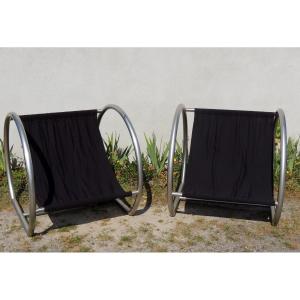 Pair Of Modernist Armchairs, Stainless Steel Tubes, Canvas Seats, 20th