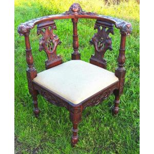 "coin De Feux" Armchair, Renaissance Style Corner Armchair, Carved Wood, 19th Century