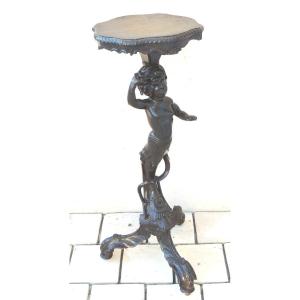 Scelette, Wooden Column, Putti Decor Model Bacchus With Grapes, On Tripod Feet, 19th