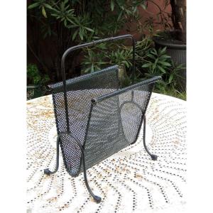 Matégot, Magazine Rack By Mathieu Matégot (1910 - 2001), Perforated Metal Lacquered Dark Green 20th Century