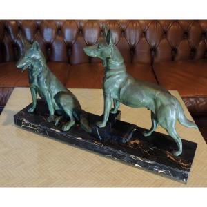 Animal Sculpture By Plagnet, Two Metal Dogs (spelter) On A Marble Base 1930