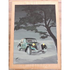 Painting On Paper With Indian Ink And White Highlights, Citroën Traction 15 Signed From 1989