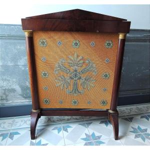 Mahogany Fireplace Screen, Fire Screen, Heat Shield, Empire Consulate, Tapestry, 19th Century