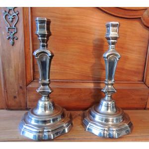 Pair Of Silver-plated Bronze Candlesticks, Louis XIV Candlesticks, 18th Century 
